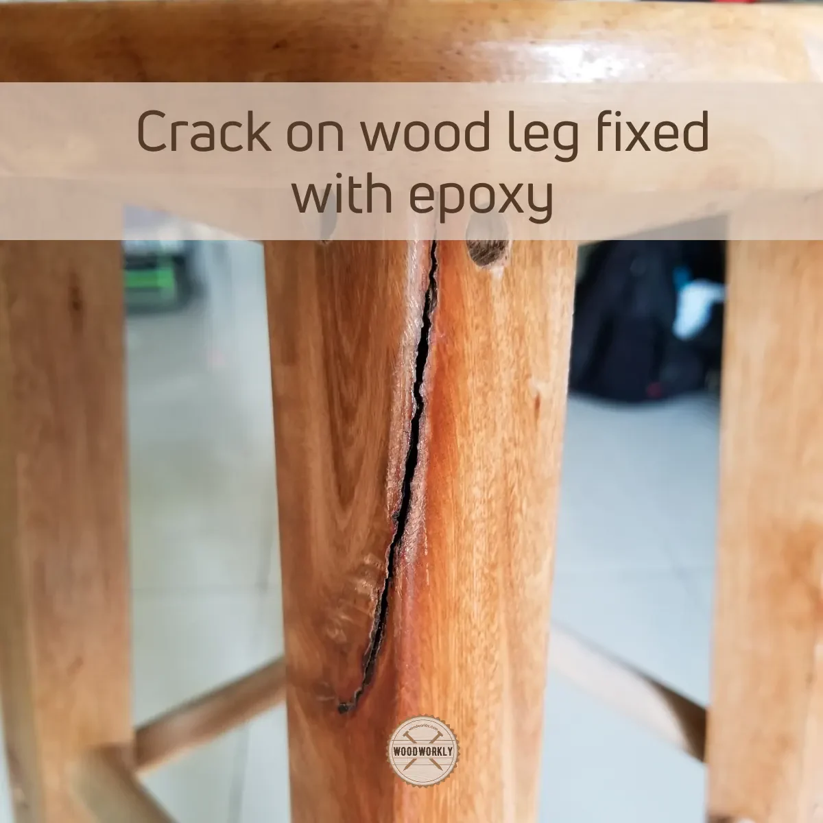 Crack on wood leg fixed with epoxy
