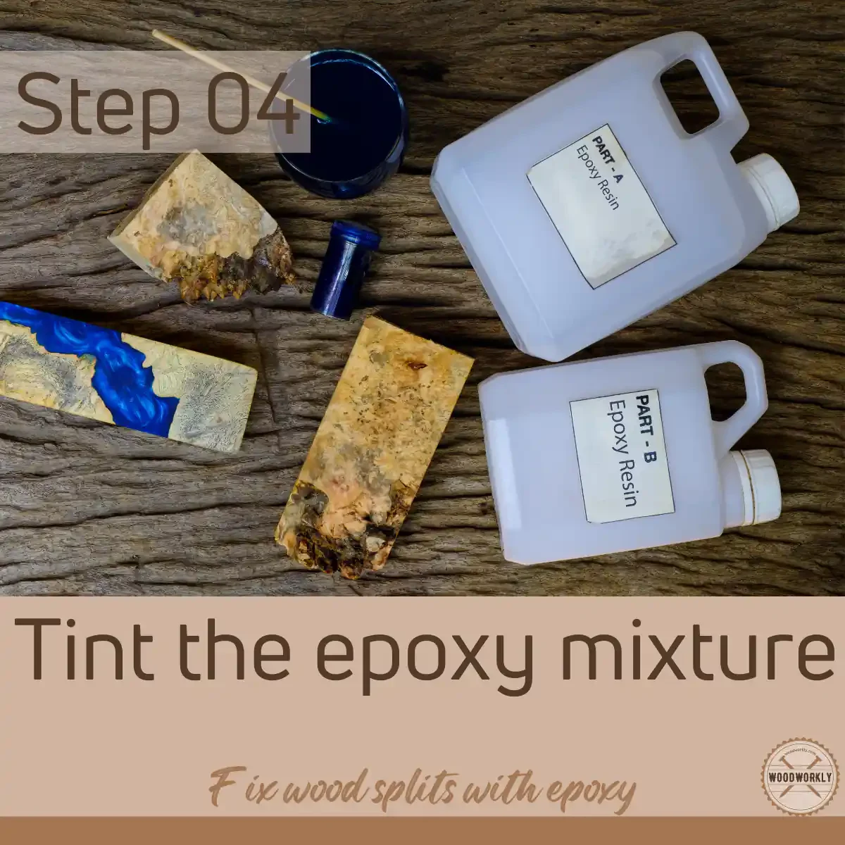 Tint the epoxy mixture before fixing wood splits