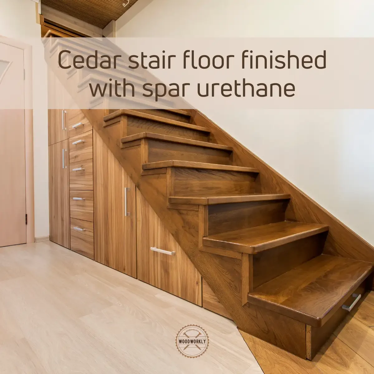 Cedar stair floor finished with spar urethane