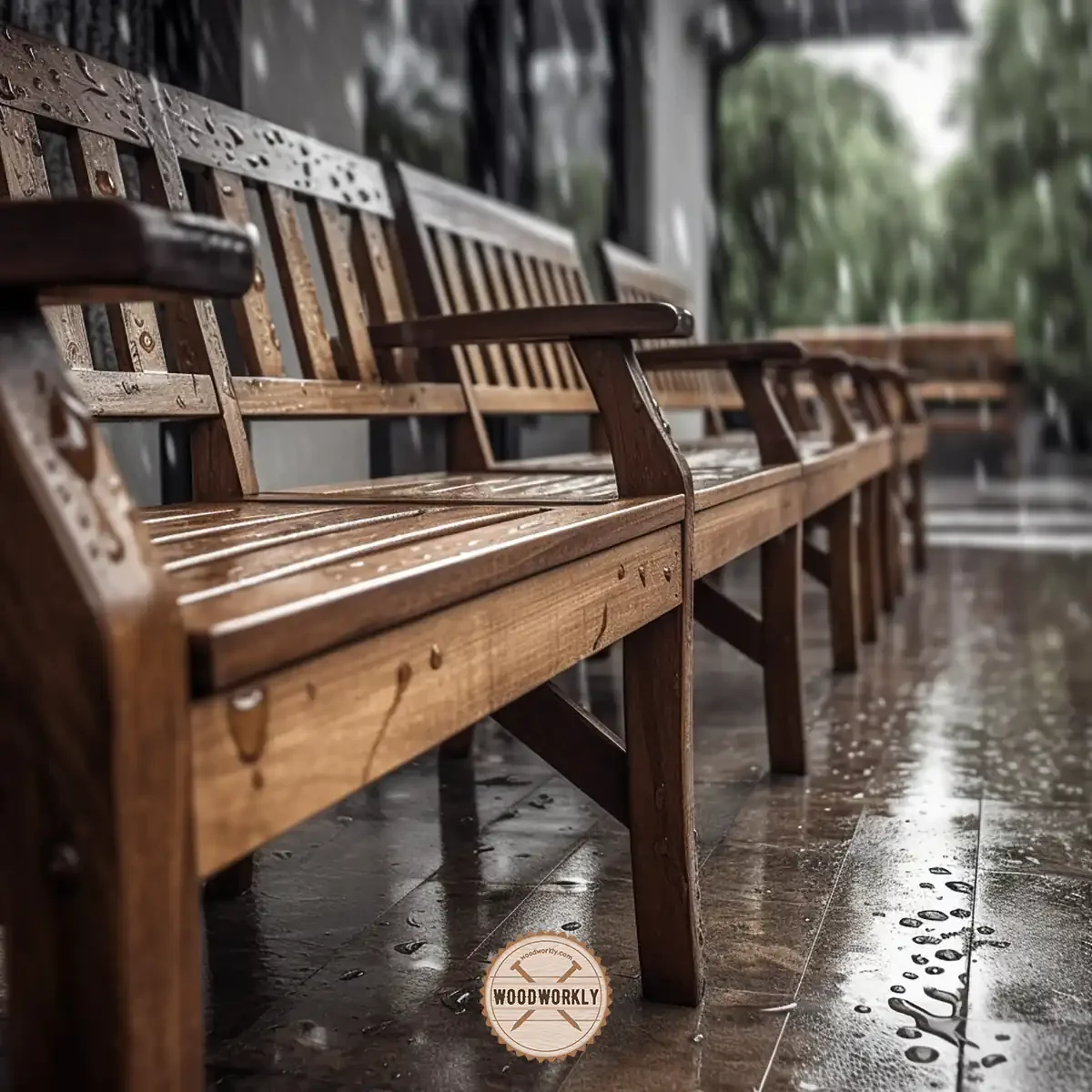 Wooden benches impacted by the rainy weather