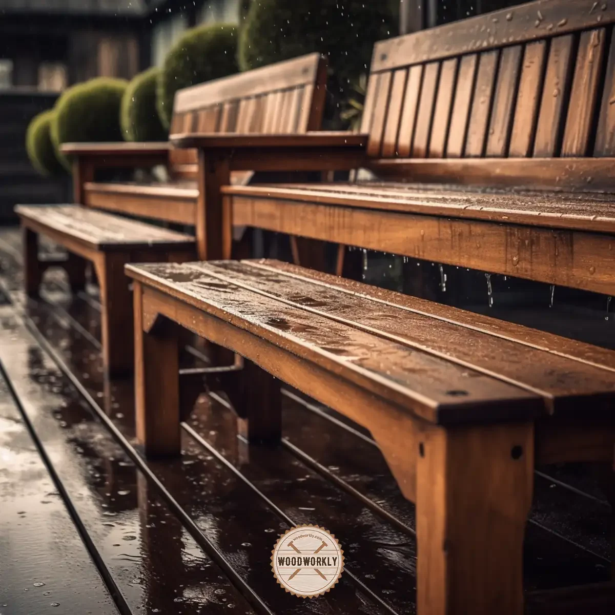 Wooden desk and benches impacted by the rainy weather