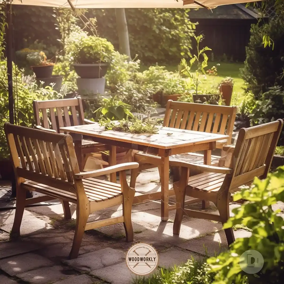 Wooden patio furniture under direct sunlight