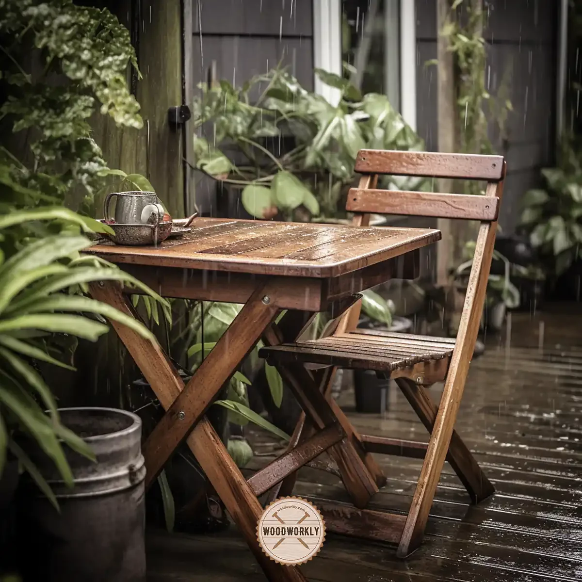 stained wooden furniture in rainy weather