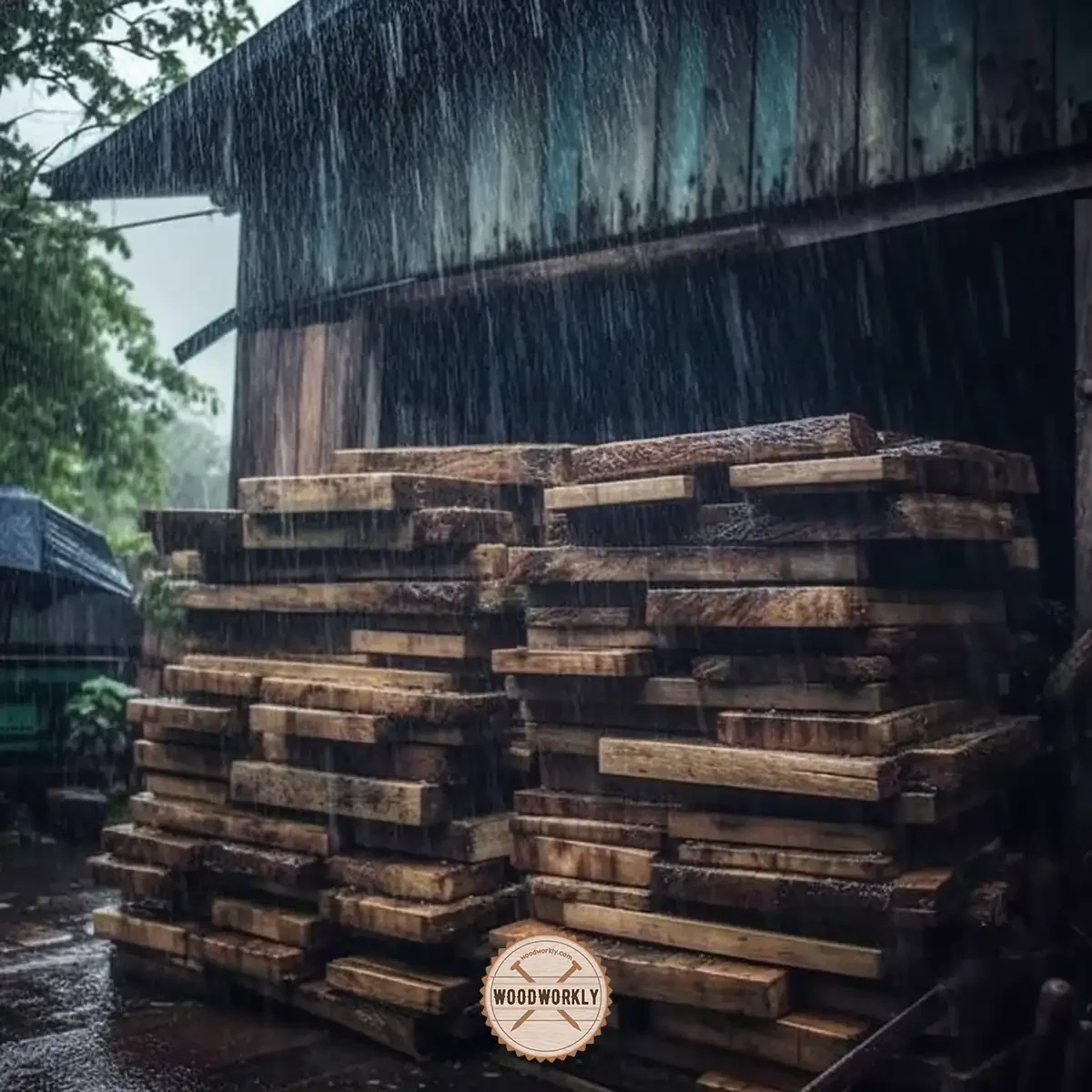 wood stacks impacted by rain