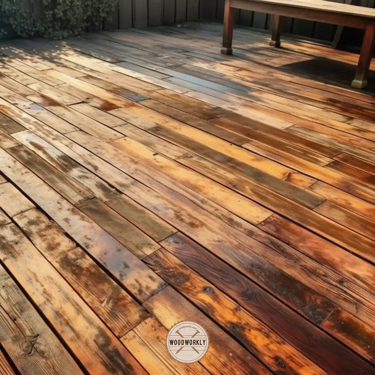 wooden floor with uneven wood stain surface