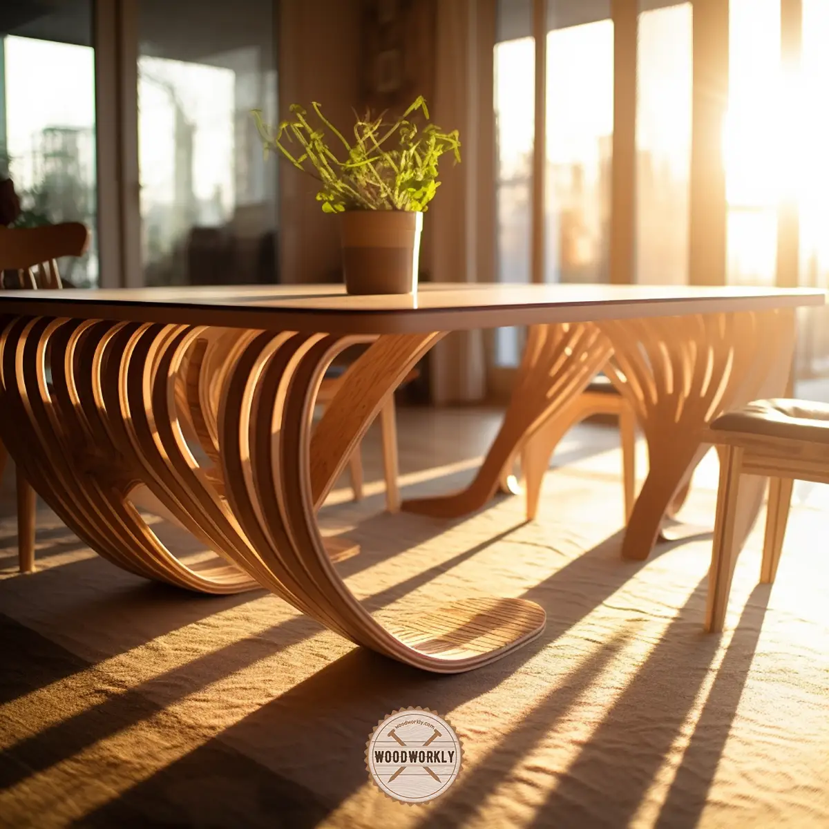 Dining table is made by bending wood pieces
