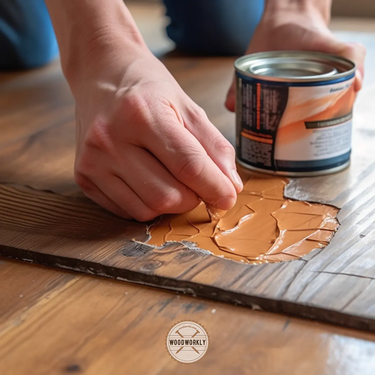 Applying wood filler on cracked wood surface
