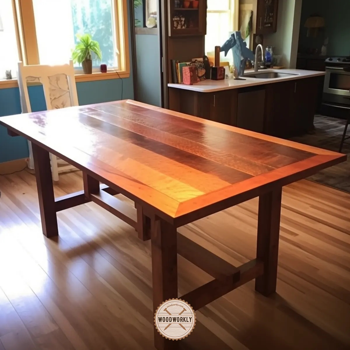 Dining table stained by mixing red and brown color stains