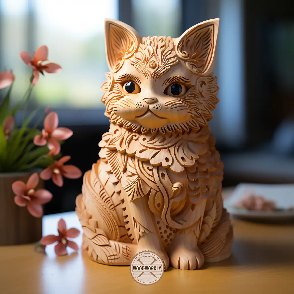 Lime wood carved cat