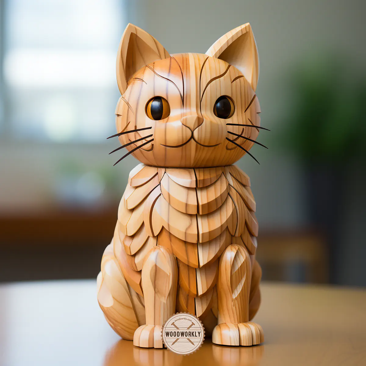 Cedar wood carved cat figure