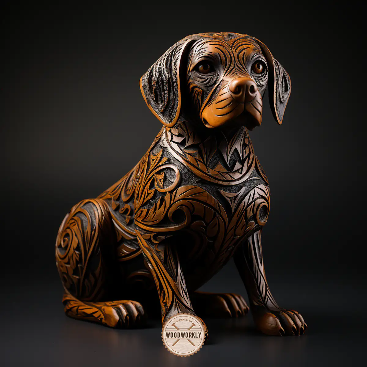 Cedar wood carved dog figure