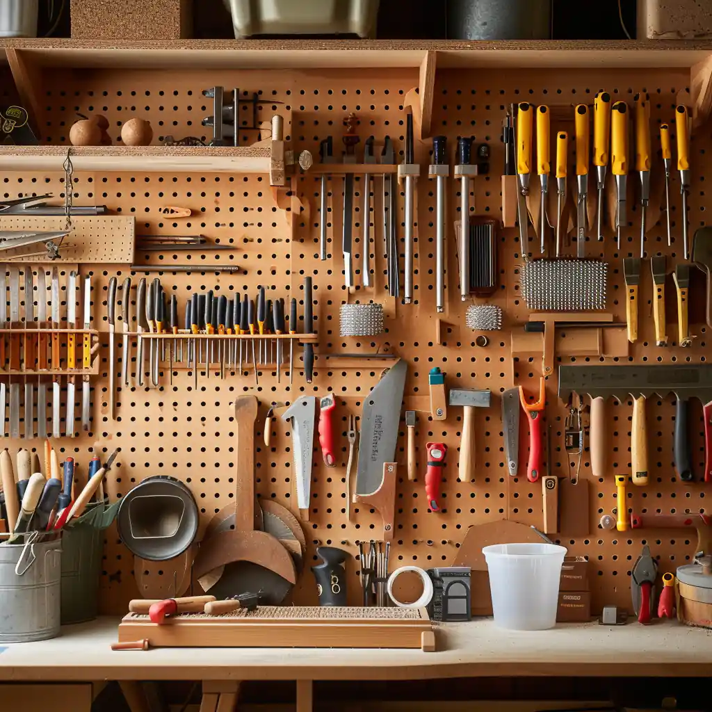 Woodworking tools and accesorries organized with Pegboard