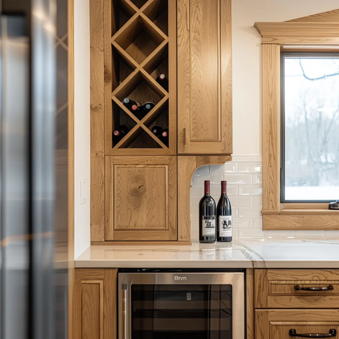 Honey Oak Cabinets with Built-In Wine Racks