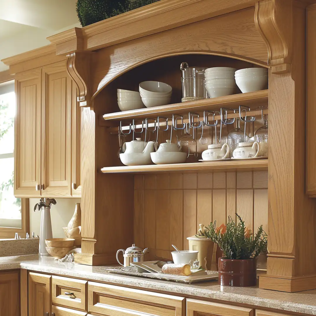 Honey Oak Cabinets with Open Shelving