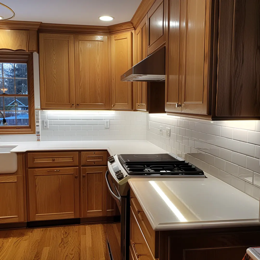 Honey Oak Cabinets with Under-Cabinet Lighting